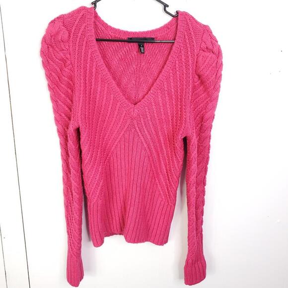 WHBM Sweater Womens Small Bright Pink Chunky KNit V Neck Puff Shoulders - Picture 1 of 10